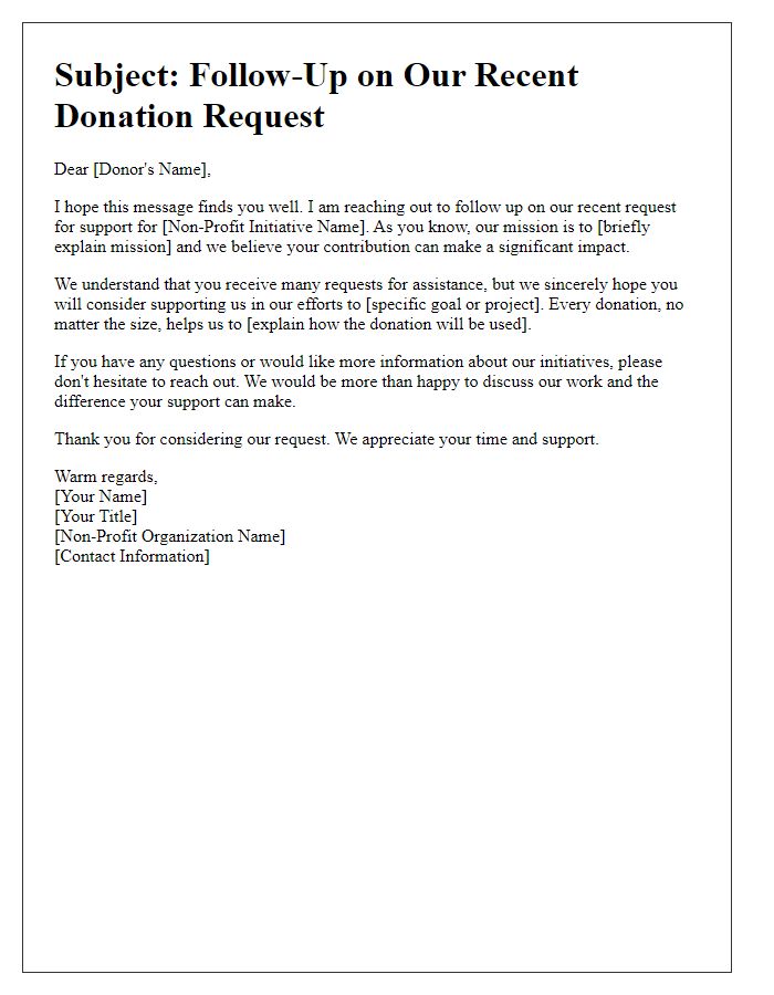 Letter template of follow-up on donation request for non-profit initiatives