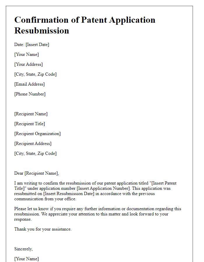 Letter template of confirmation of patent application resubmission