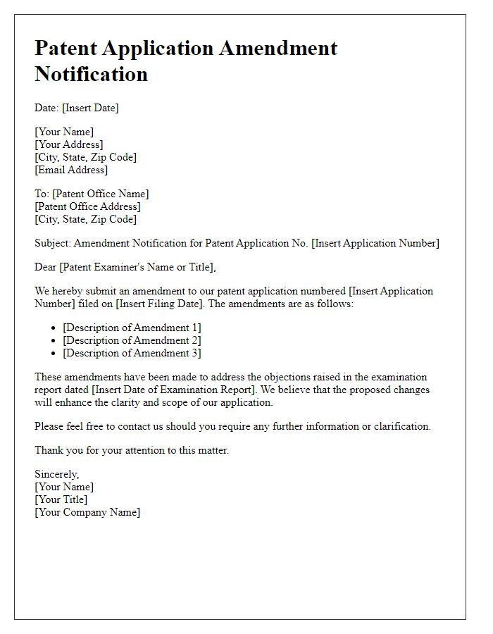 Letter template of patent application amendment notification