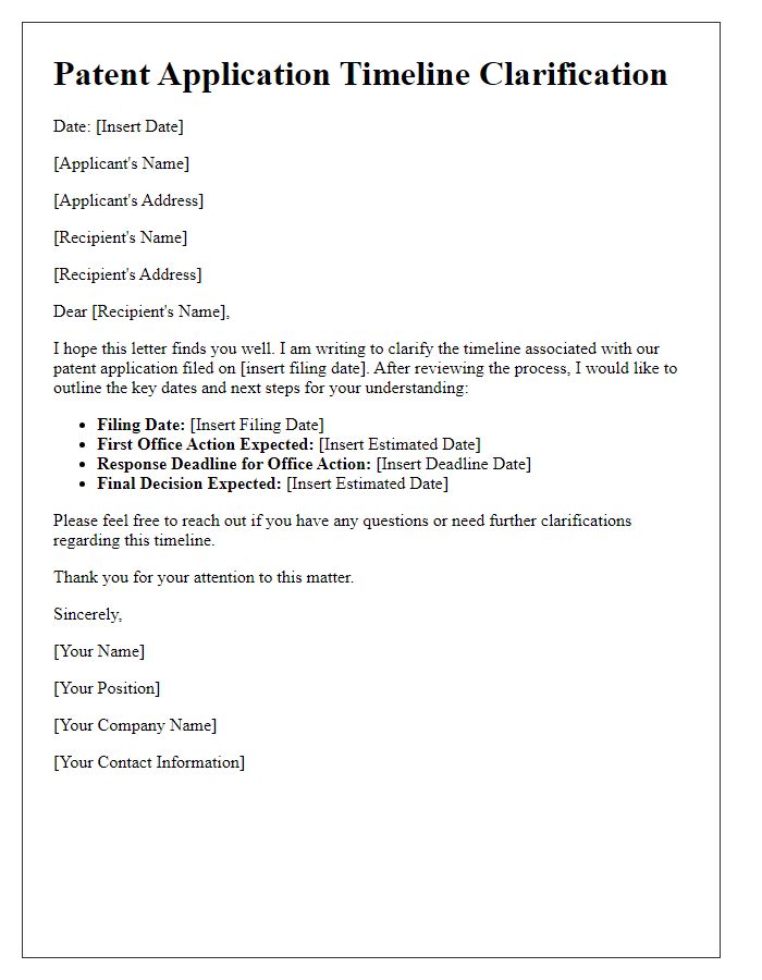 Letter template of patent application timeline clarification