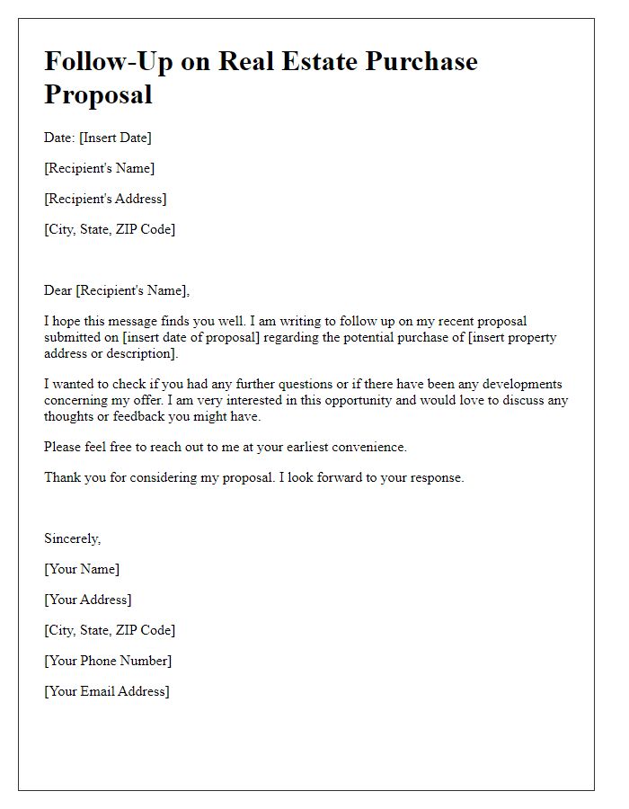 Letter template of follow-up on real estate purchase proposal