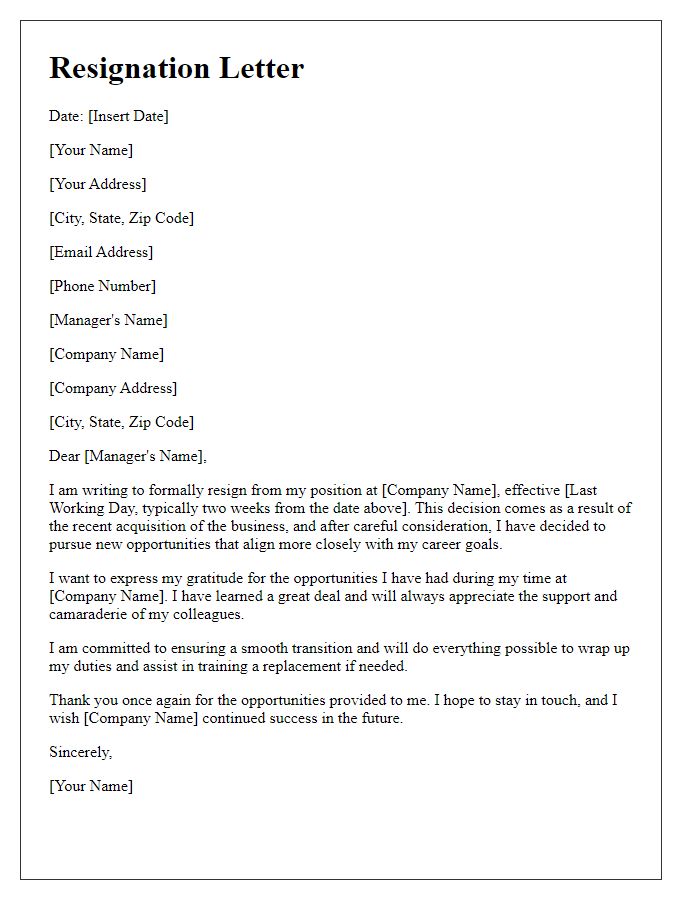 Letter template of resignation due to business acquisition