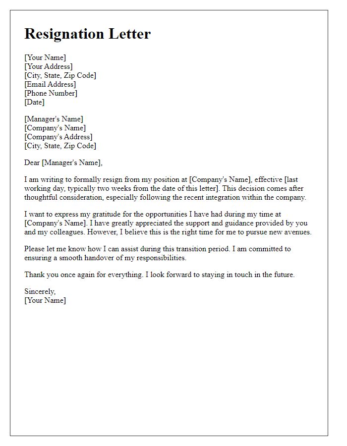 Letter template of resignation following company integration