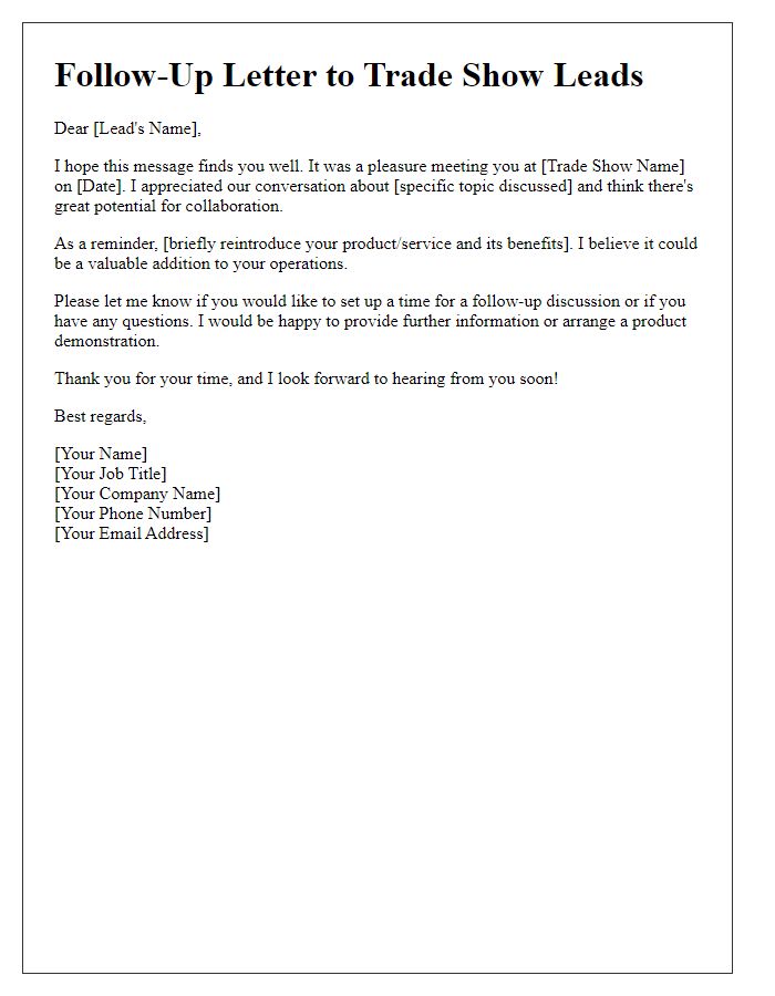 Letter template of follow-up correspondence with trade show leads