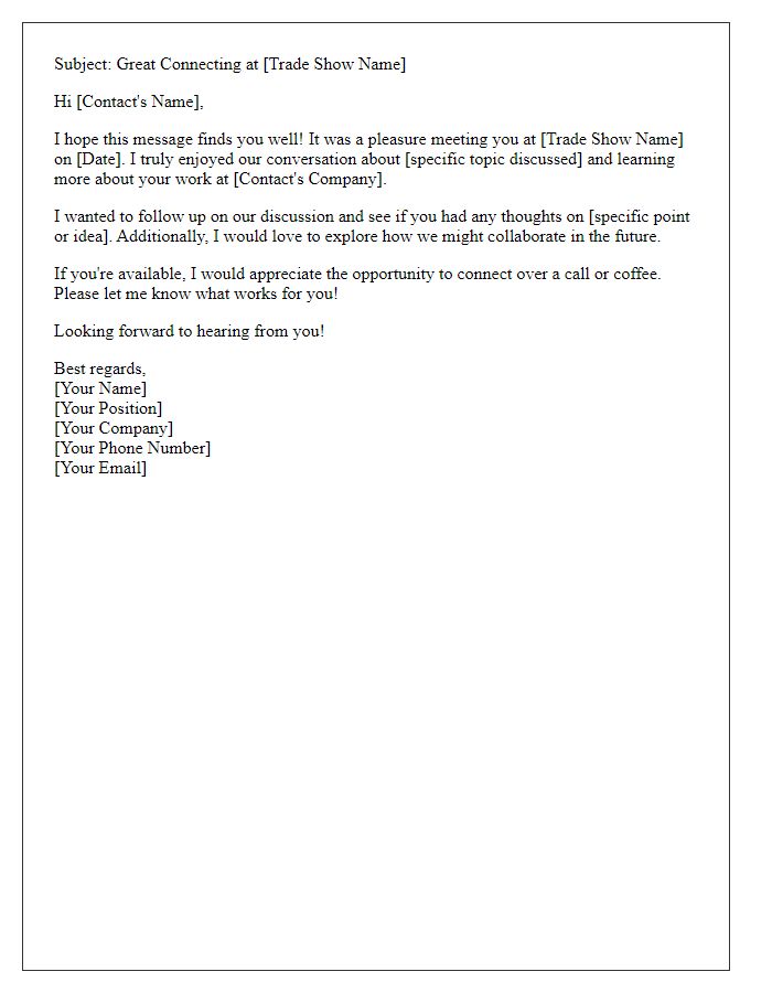 Letter template of follow-up email for networking contacts from trade show