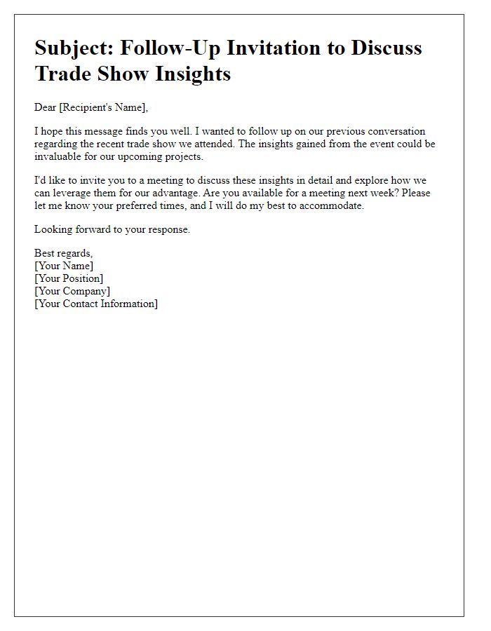 Letter template of follow-up invitation to discuss trade show insights