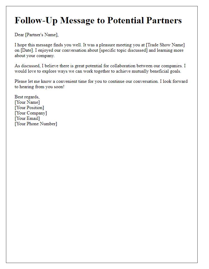 Letter template of follow-up message to potential partners from trade show