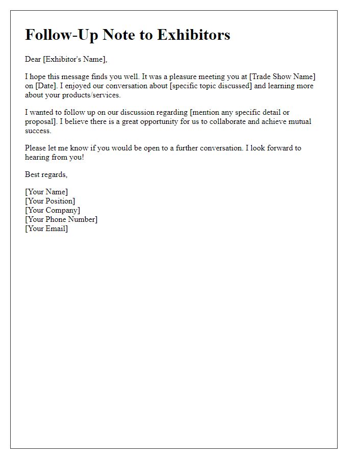 Letter template of follow-up note to exhibitors met at trade show