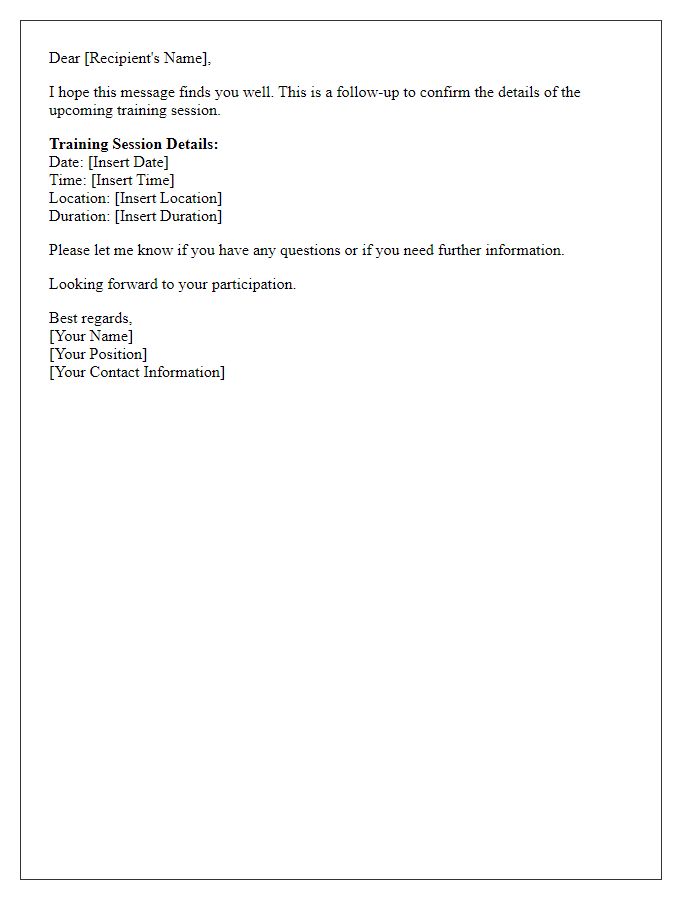 Letter template of follow-up training session confirmation
