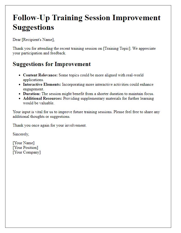 Letter template of follow-up training session improvement suggestions