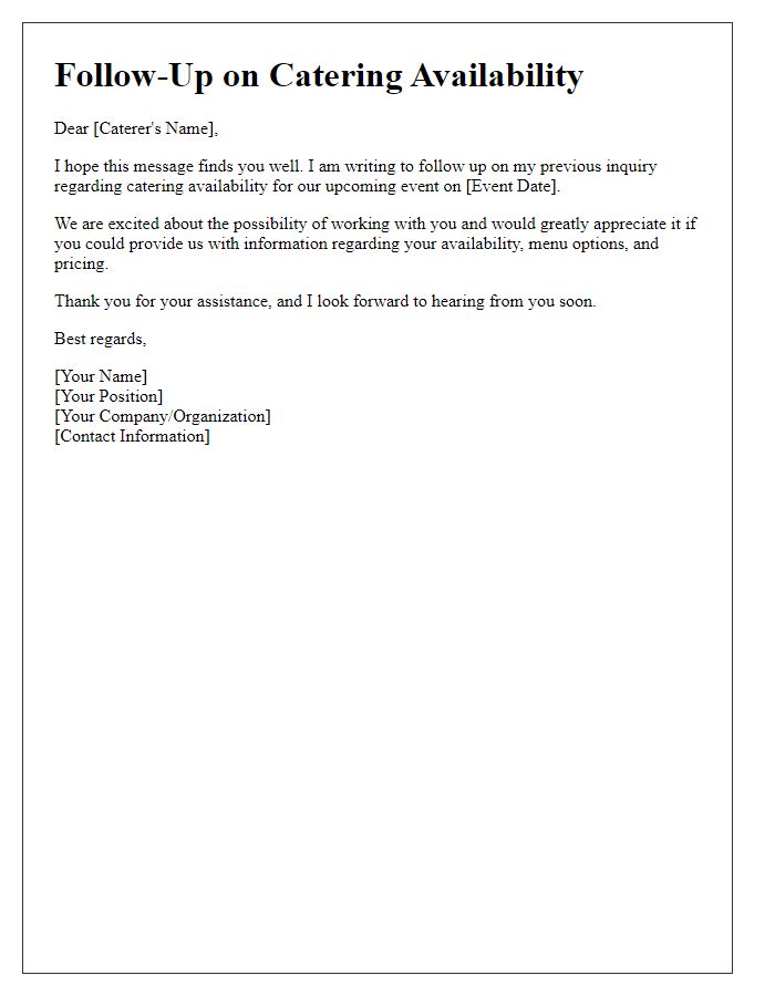 Letter template of follow-up for catering availability