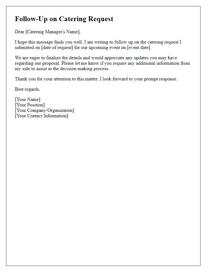 Letter template of follow-up on catering request