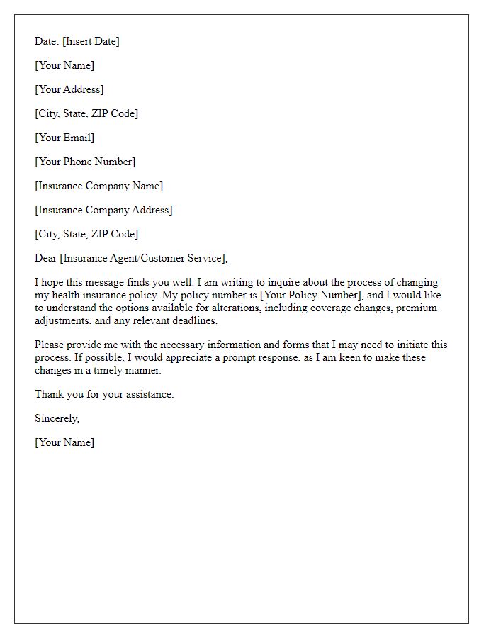 Letter template of health insurance policy change inquiry