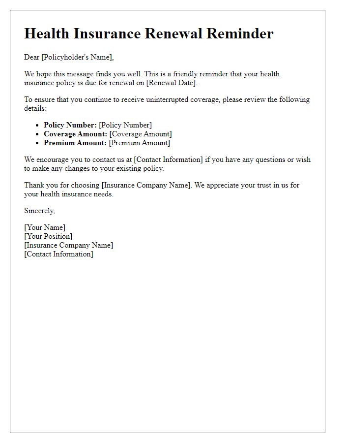 Letter template of health insurance renewal reminder