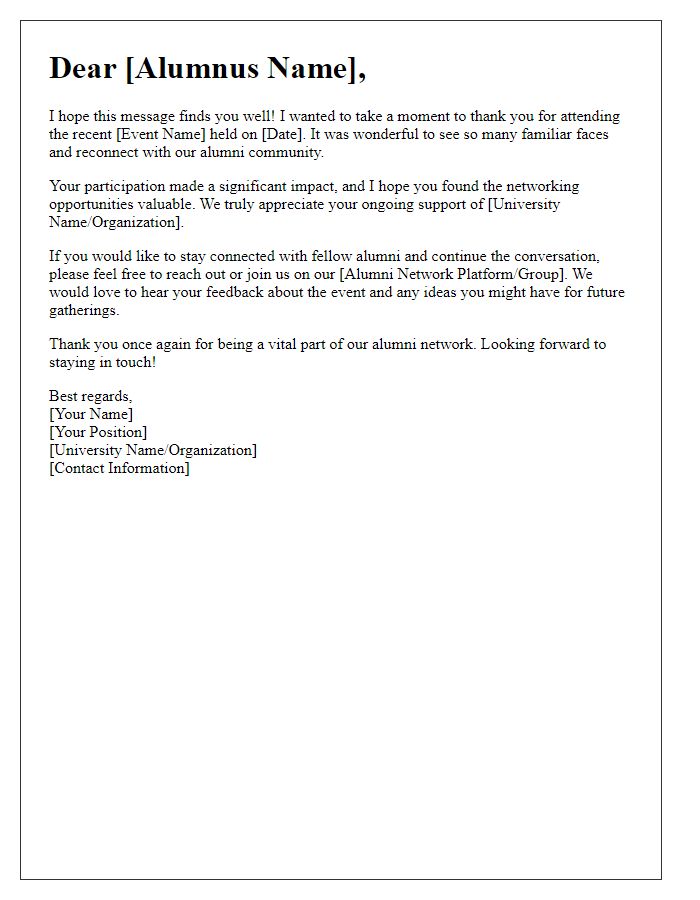 Letter template of Post-Event Alumni Networking Reach-Out