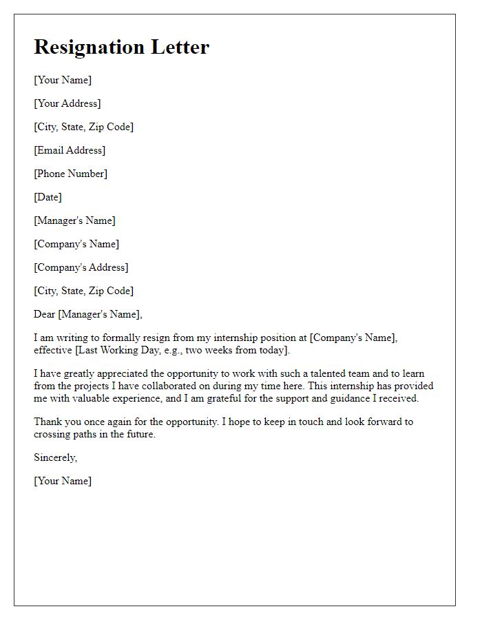 Letter template of resignation after a tech internship.