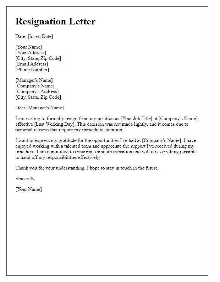 Letter template of resignation citing personal reasons in the tech sector.