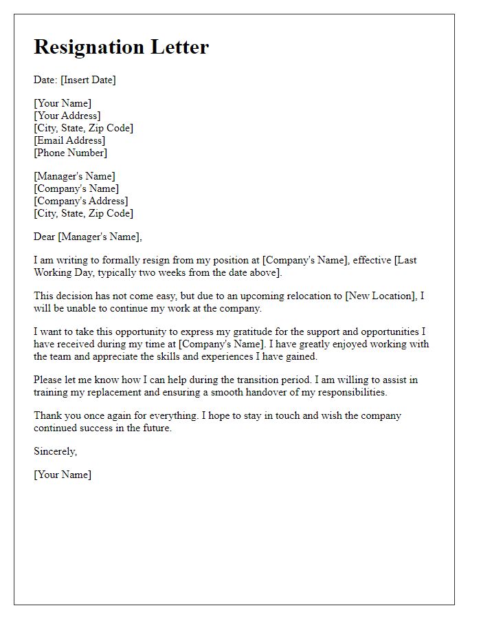 Letter template of resignation due to relocation in the tech industry.