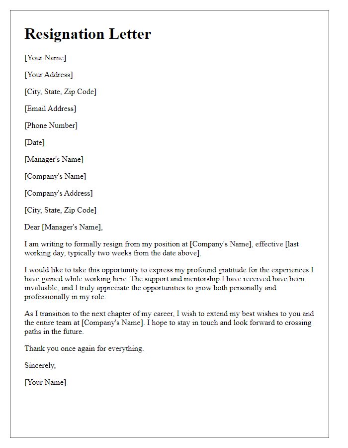 Letter template of resignation expressing gratitude in tech employment.