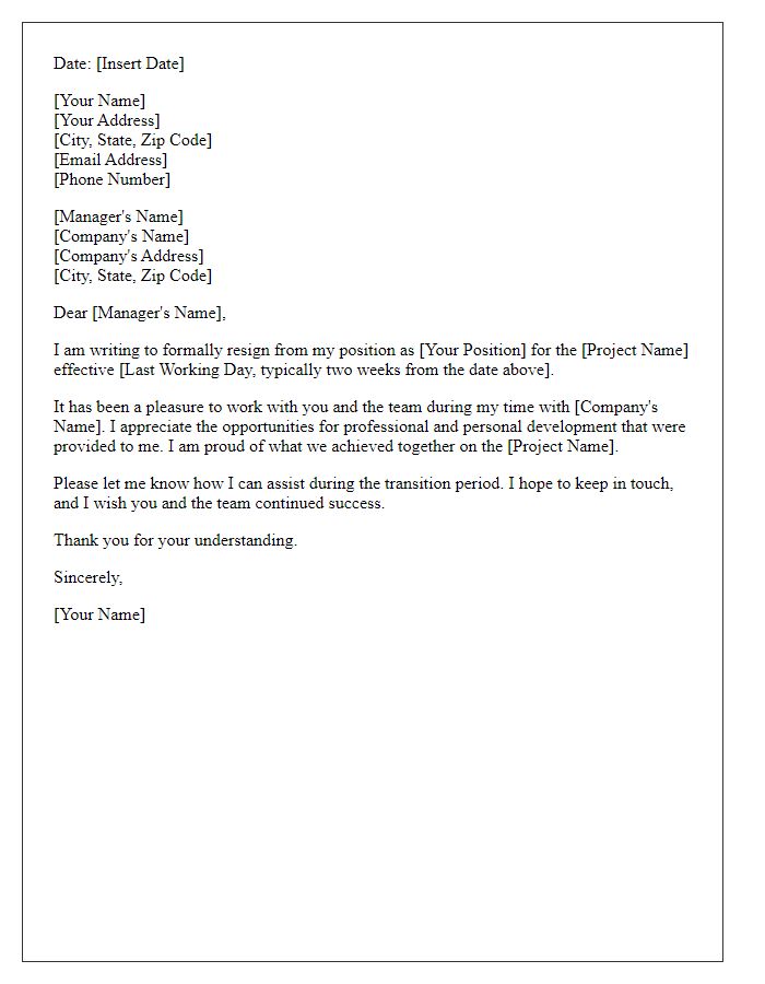 Letter template of resignation for a project-based tech position.