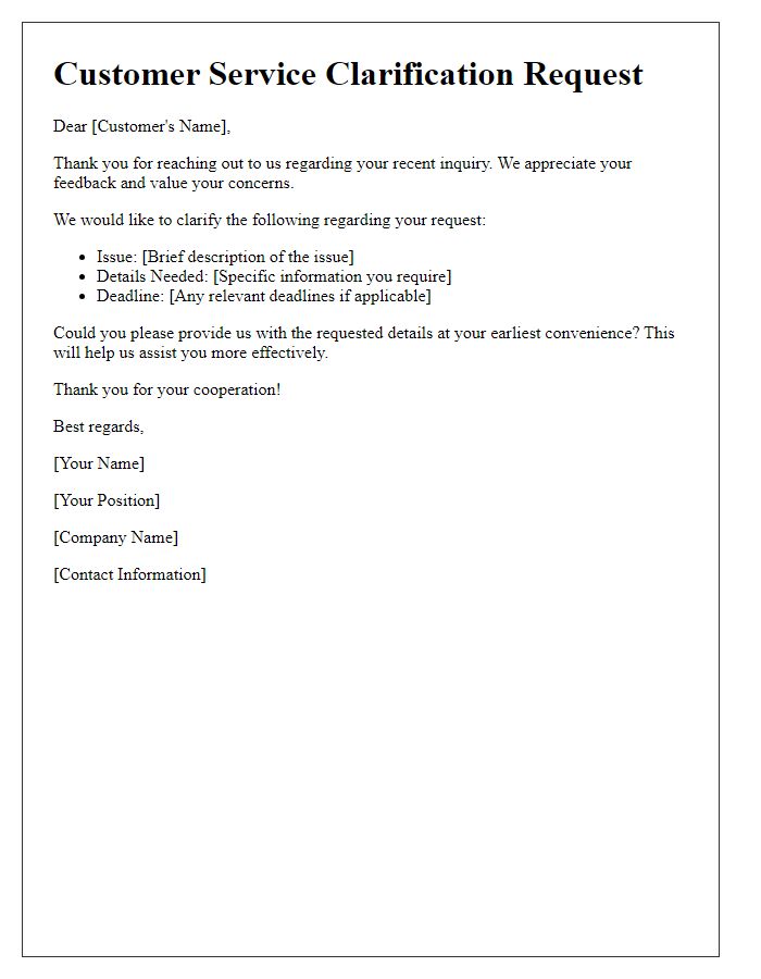 Letter template of clarification needed from customer service response