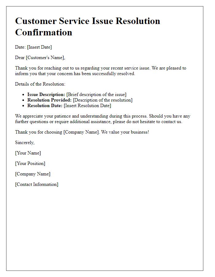 Letter template of confirmation for customer service issue resolution