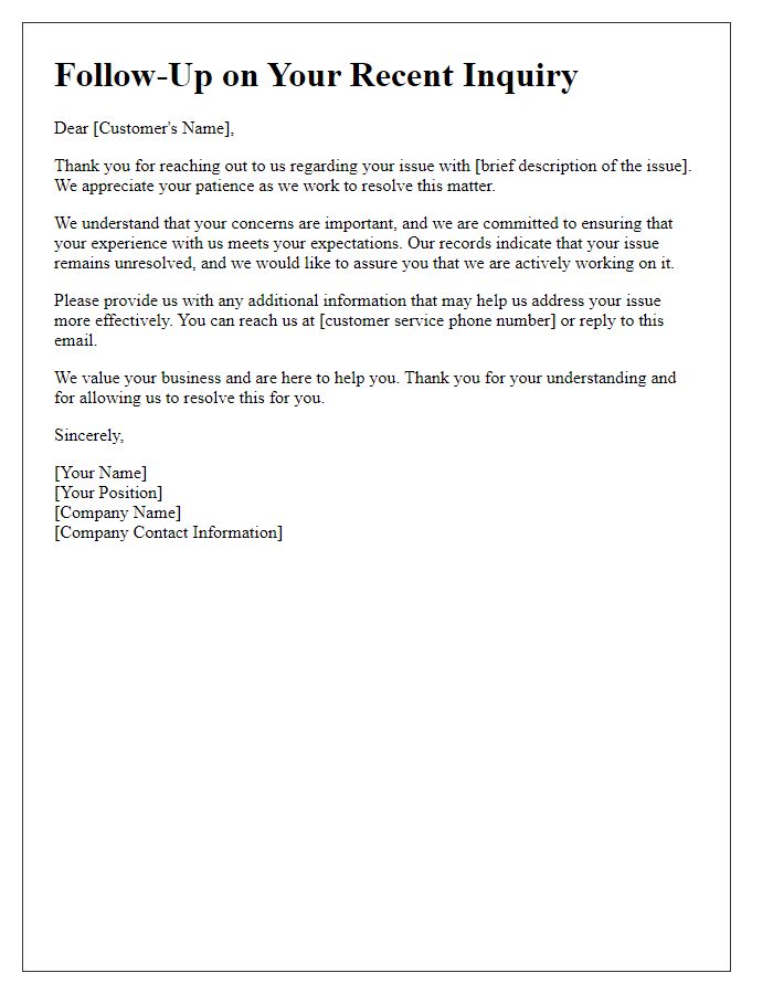 Letter template of customer service follow-up for unresolved issues