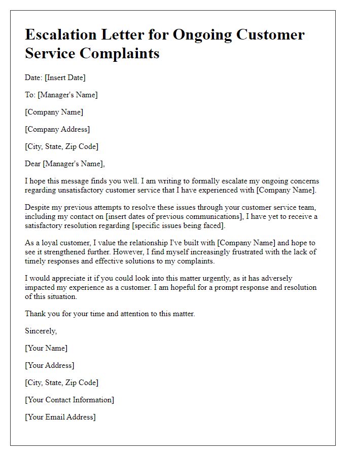 Letter template of escalation for ongoing customer service complaints