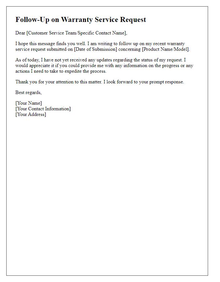 Letter template of follow-up on warranty service request