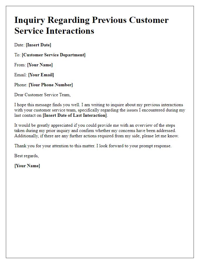 Letter template of inquiry on previous customer service interactions