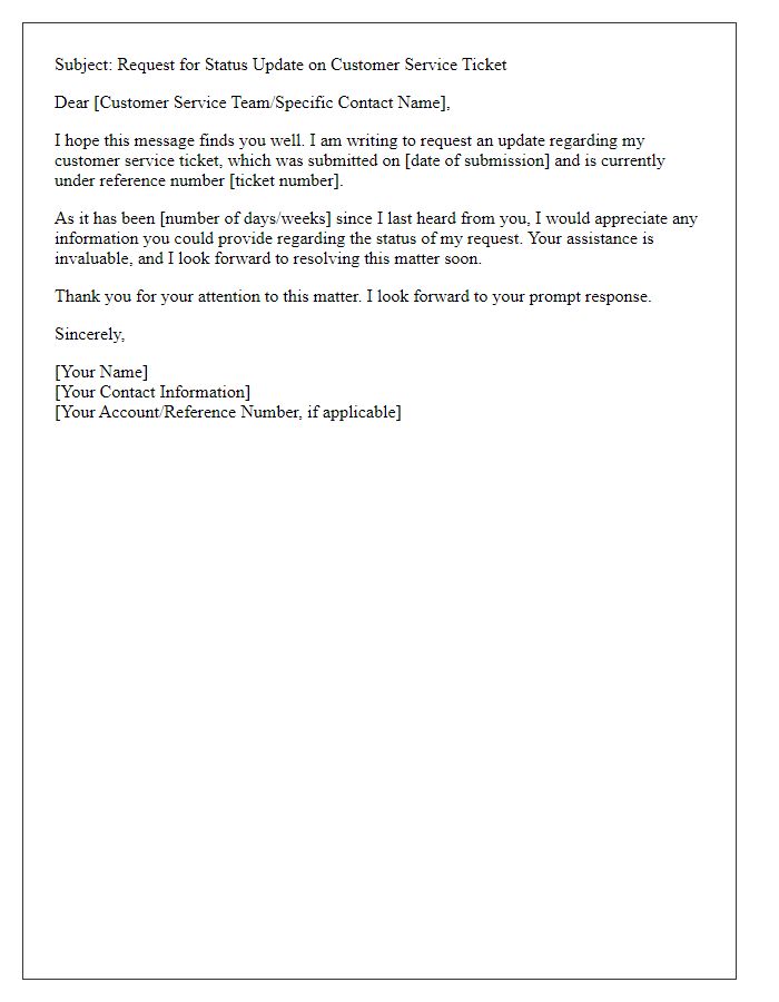 Letter template of request for status update on customer service ticket