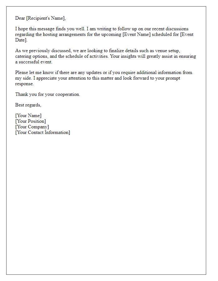 Letter template of follow-up on event hosting arrangements