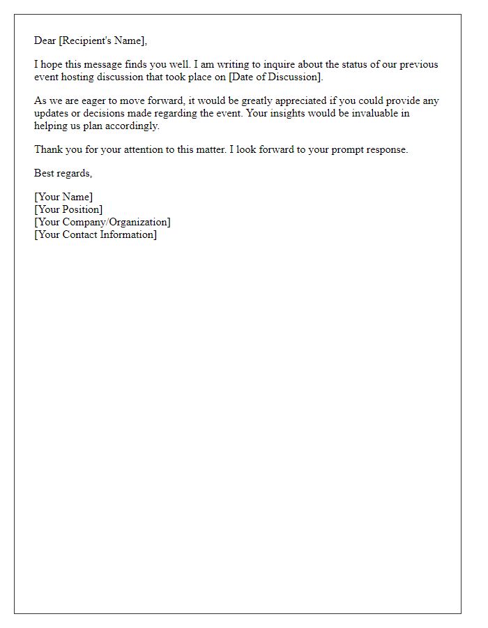 Letter template of status request for previous event hosting discussion