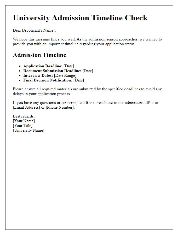 Letter template of university admission timeline check