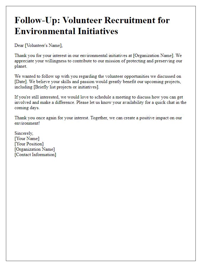 Letter template of volunteer recruitment follow-up for environmental initiatives.