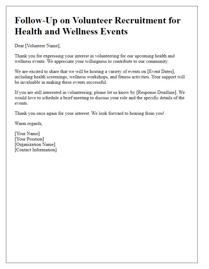 Letter template of volunteer recruitment follow-up for health and wellness events.