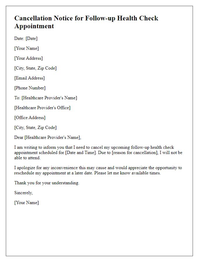 Letter template of cancellation notice for follow-up health check appointment