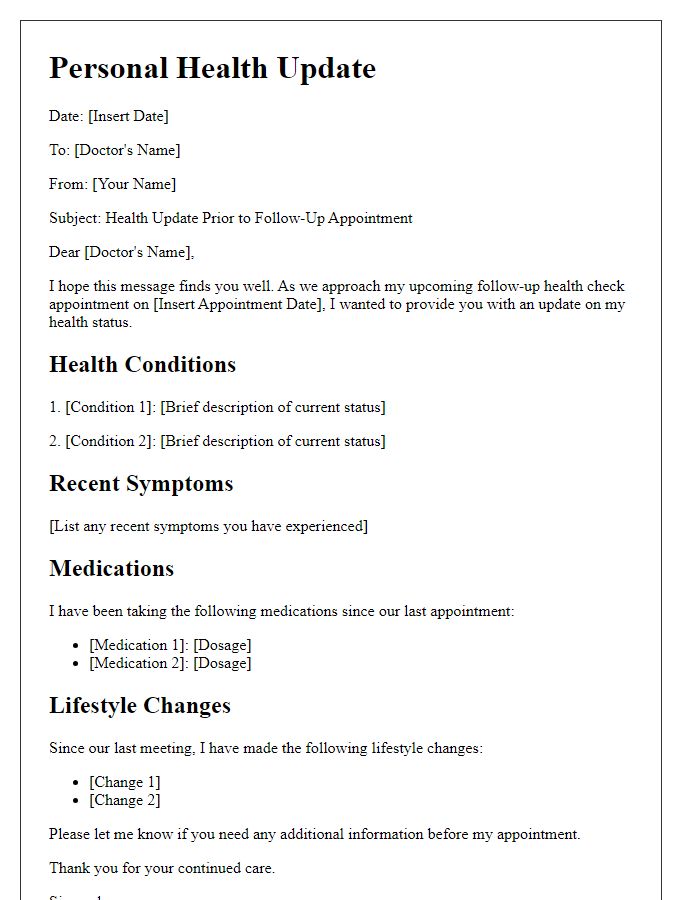 Letter template of personal health update prior to follow-up health check appointment