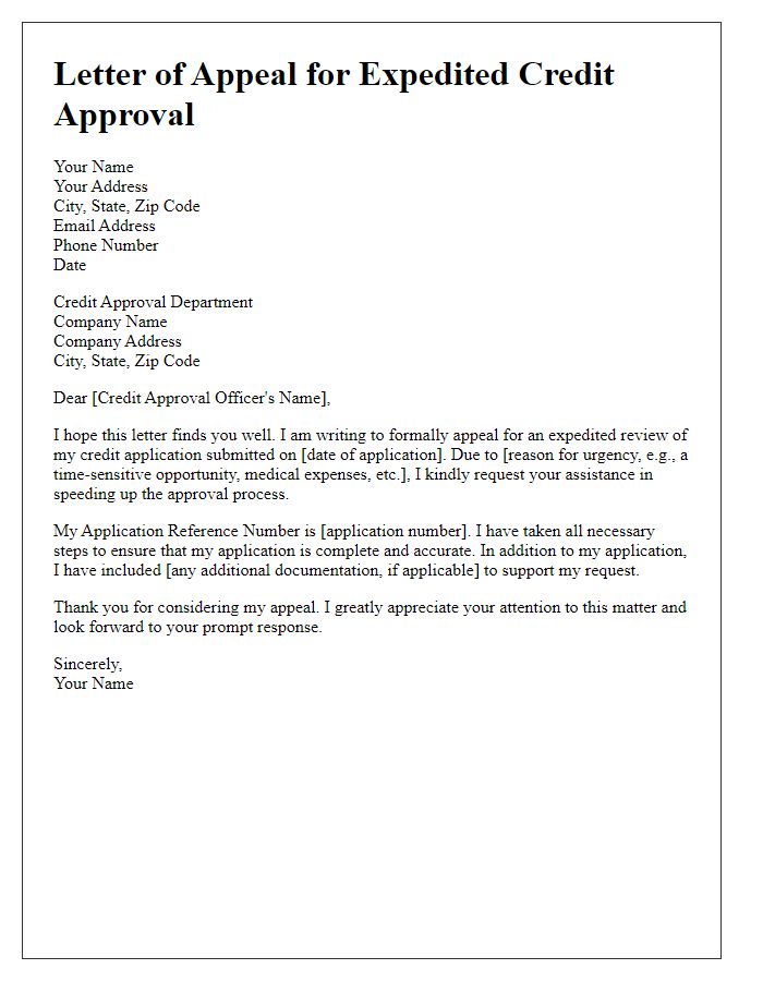 Letter template of appeal for expedited credit approval