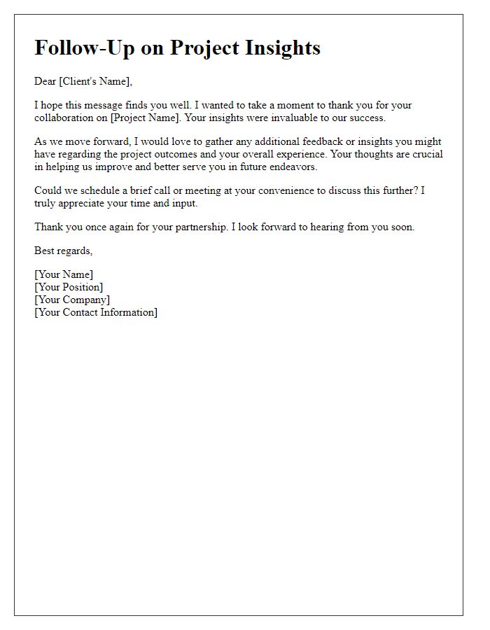 Letter template of follow-up for client insights on recent project