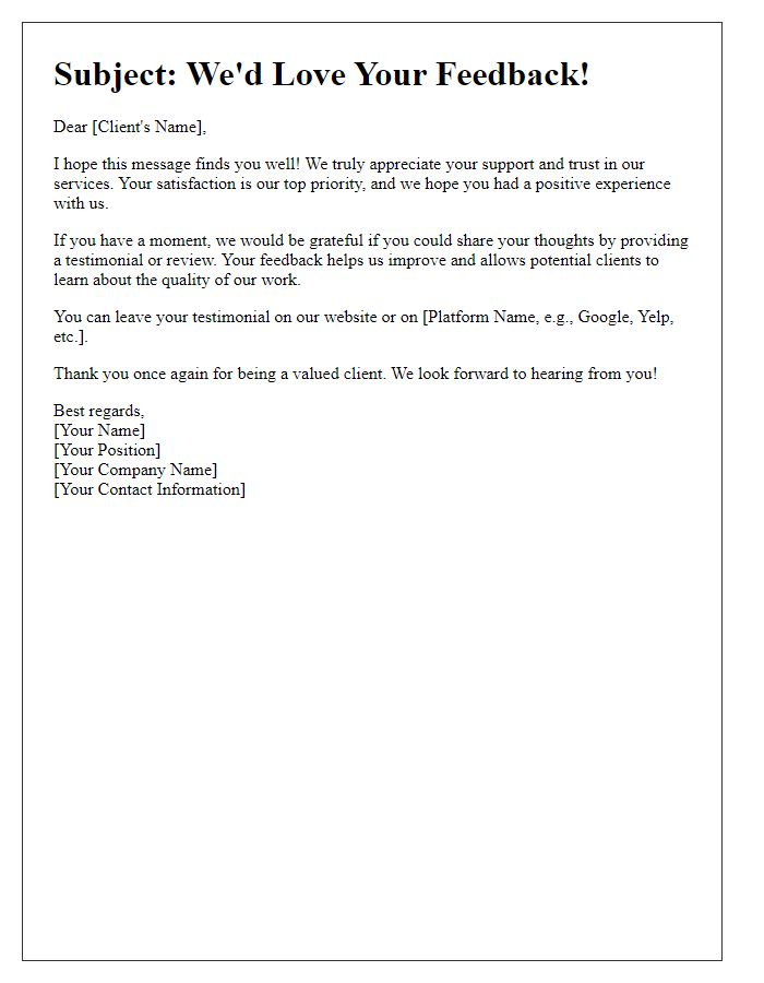 Letter template of follow-up for client testimonials and reviews