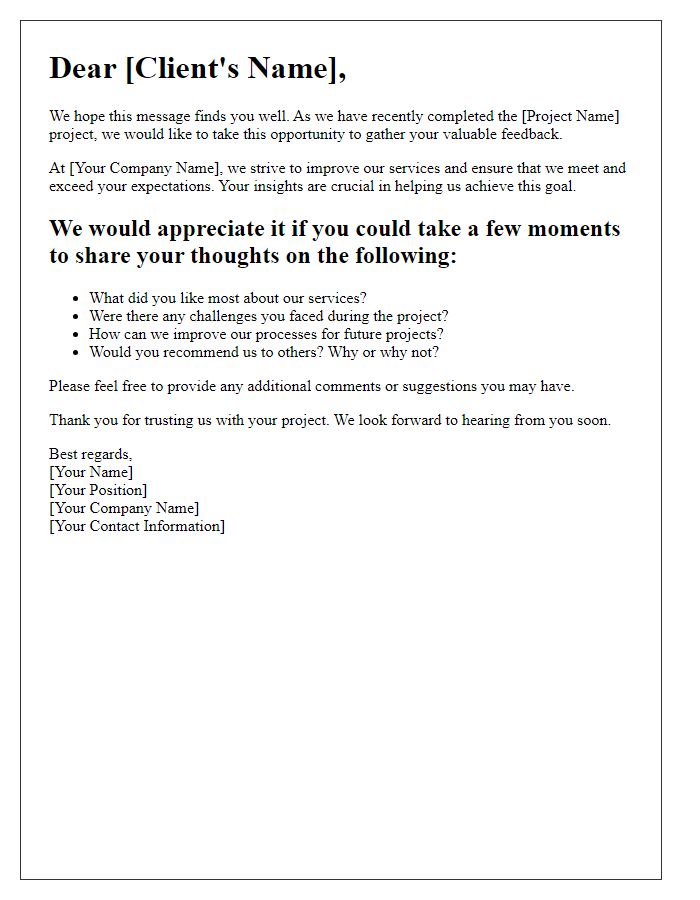 Letter template of gathering client suggestions after project completion
