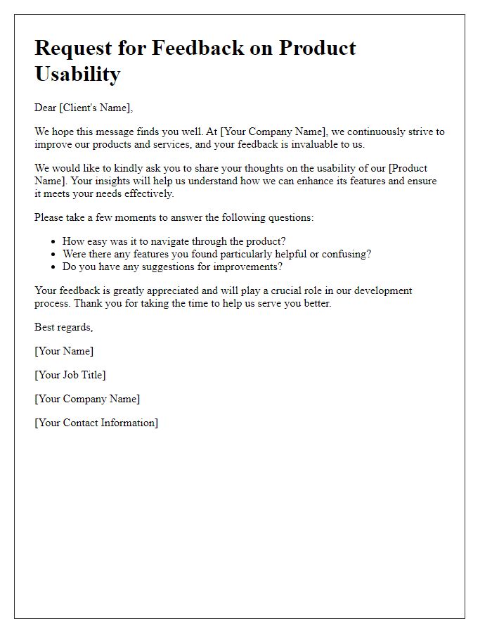 Letter template of request for client feedback on product usability