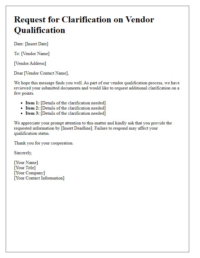 Letter template of Clarification Needed for Vendor Qualification