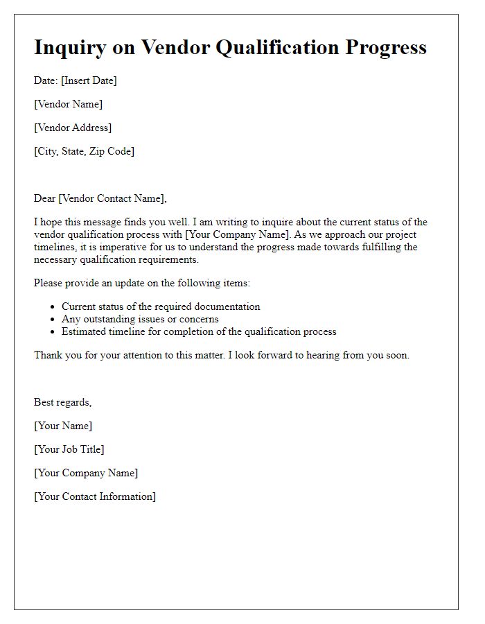 Letter template of Inquiry on Vendor Qualification Progress