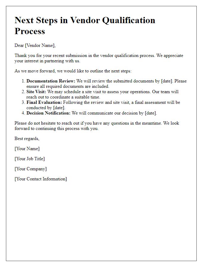 Letter template of Next Steps in Vendor Qualification Process