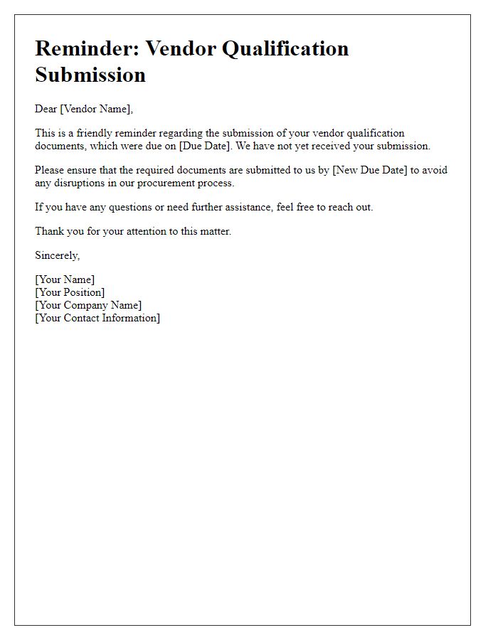 Letter template of Reminder for Vendor Qualification Submission