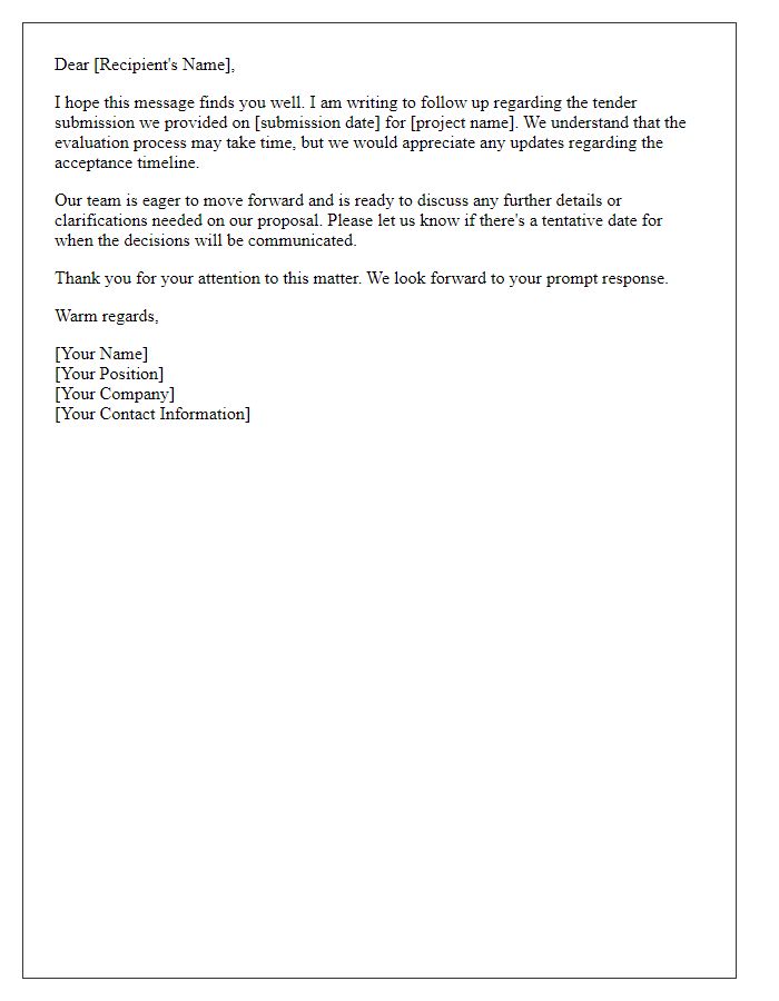 Letter template of follow-up on tender acceptance timeline