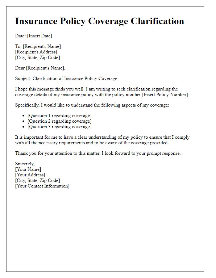 Letter template of insurance policy coverage clarification