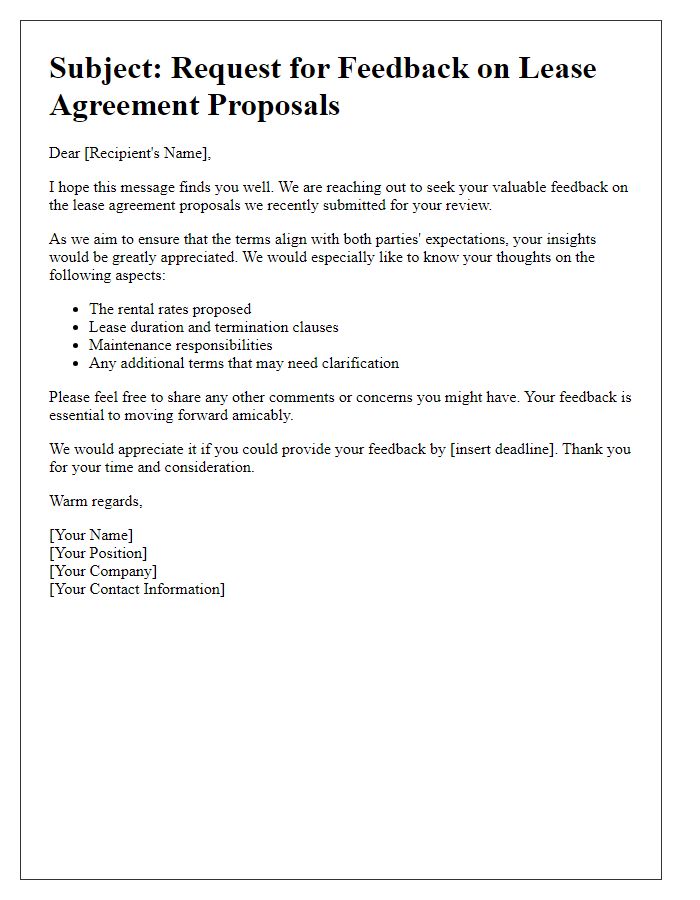 Letter template of feedback request on lease agreement proposals